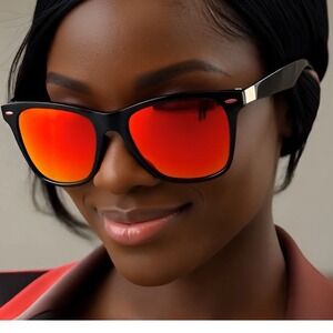 Polarized Sunglasses Black Frame Red Orange Mirror Lenses‎ Driving Women Lentes